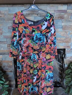 Serrani Ital Vibrant Floral Long Sleeve Dress - Black, Orange, Blue, Pink, Green
